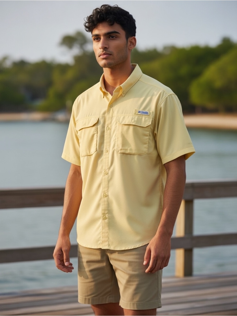 Columbia Men's Short-Sleeve Button-Up Shirt in Light Yellow